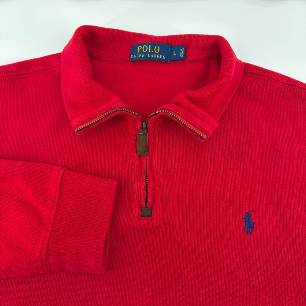 Polo Ralph Lauren Mens Large Red Cotton Quarter Zip Pullover Sweater Blue Pony